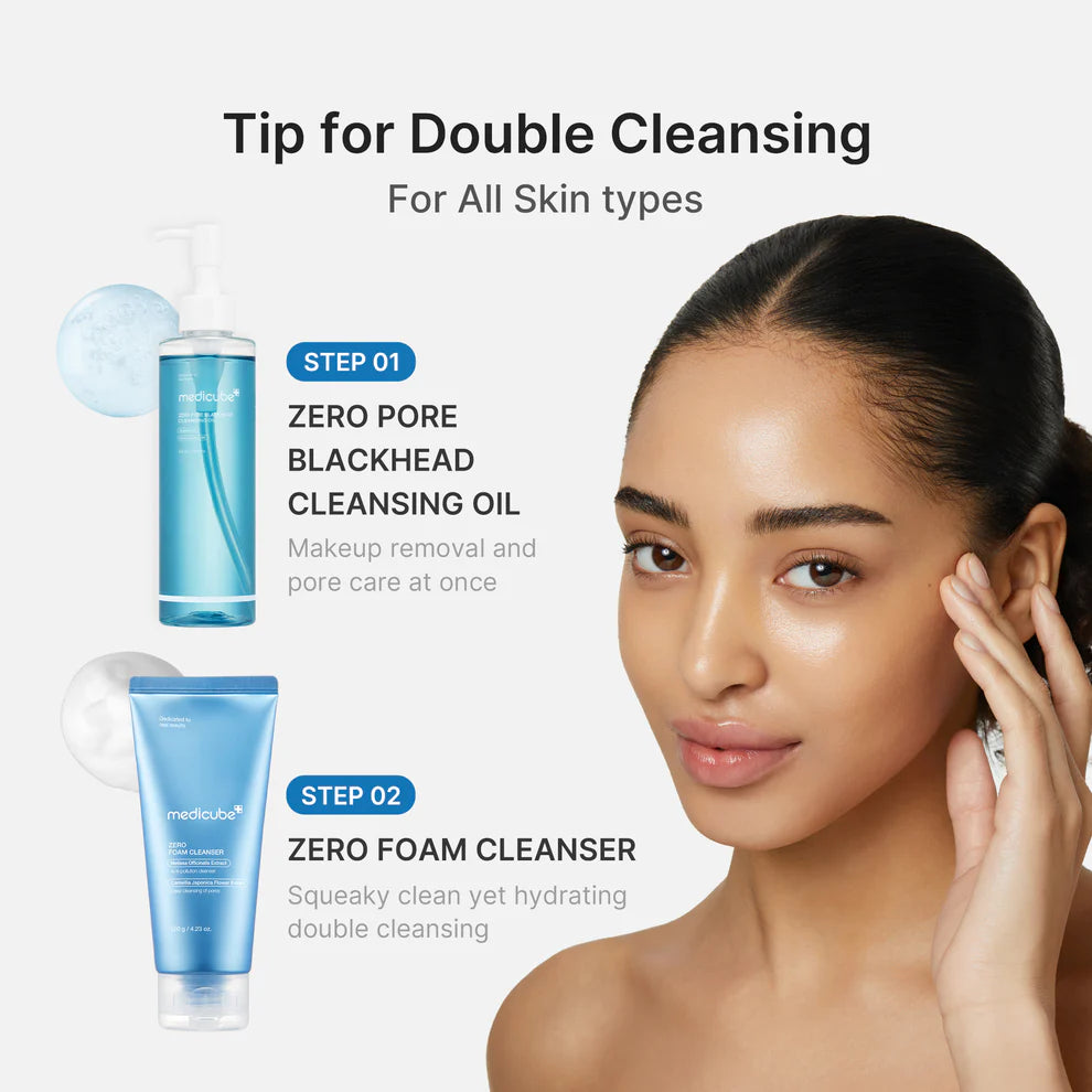 Medicube+ Zero Pore Blackhead Cleansing Oil - double cleanse tip Step 1 Oil Step 2 Foam