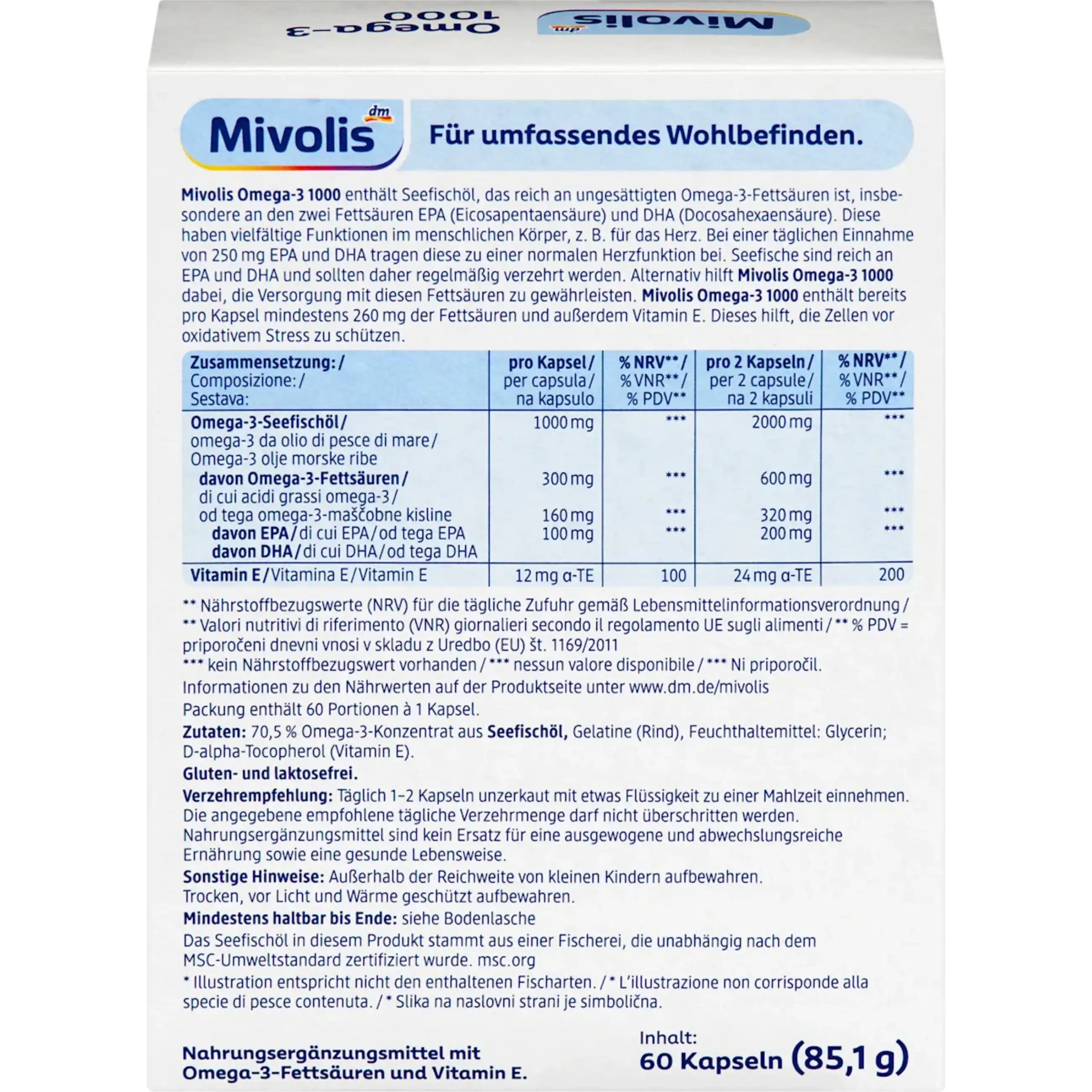 Mivolis Omega-3 1000 — dos de la boîte composition tableau nutritionnel ingrédients conseils utilisation