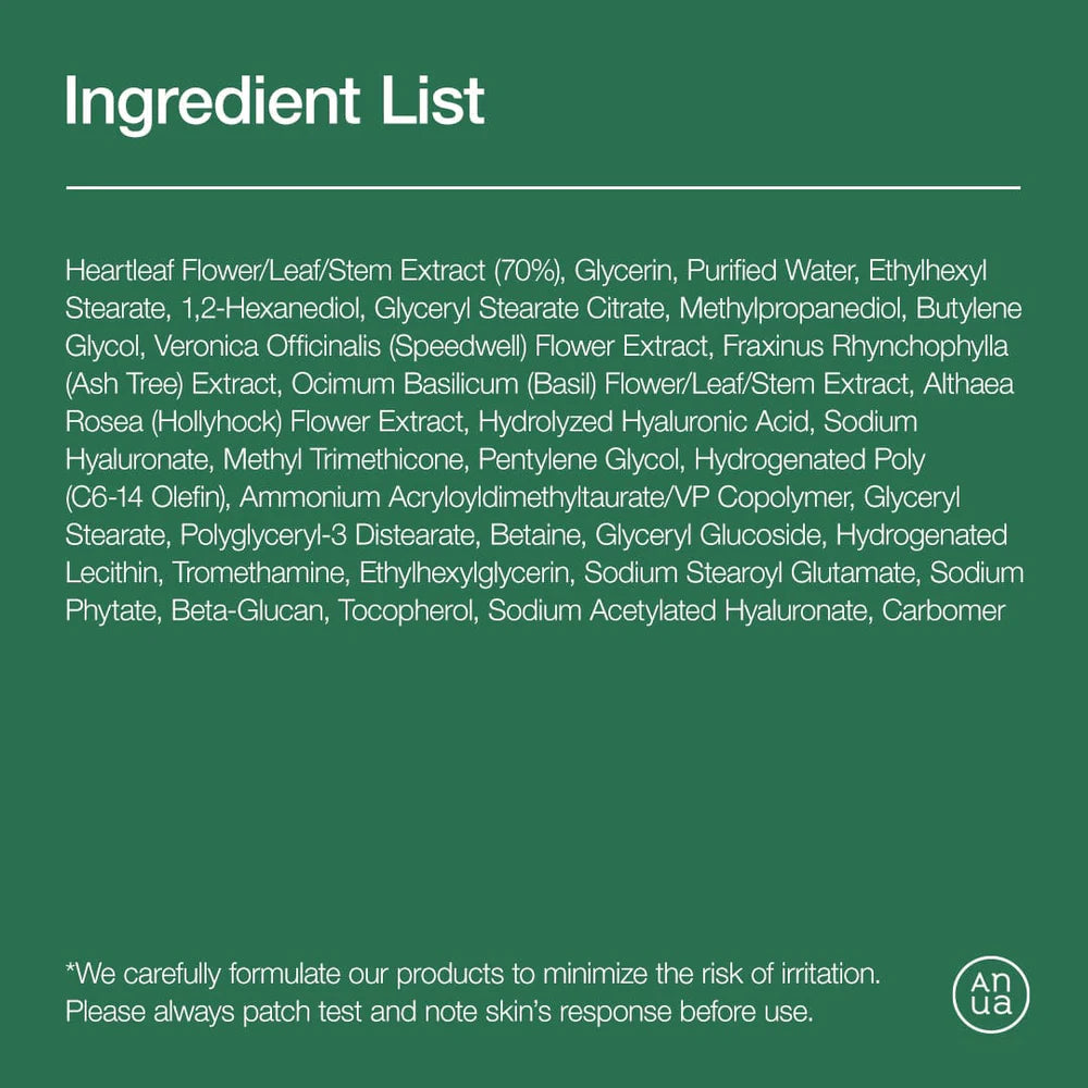 Anua Heartleaf 70 Daily Lotion — Full Ingredient List INCI green background