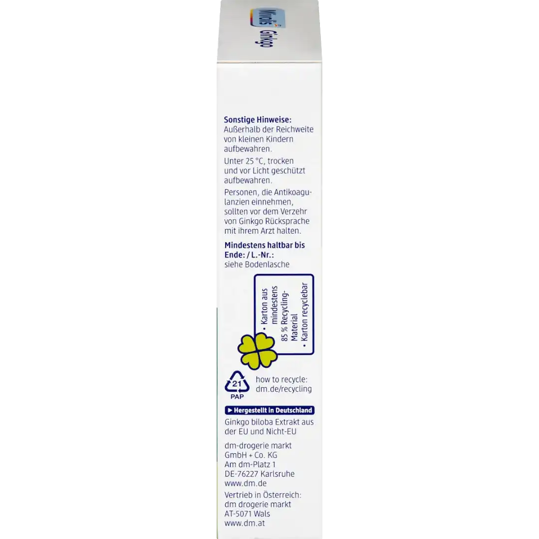 Mivolis Ginkgo 100mg — côté boîte informations conservation contre-indications anticoagulants recyclage fabriqué en Allemagne dm Karlsruhe