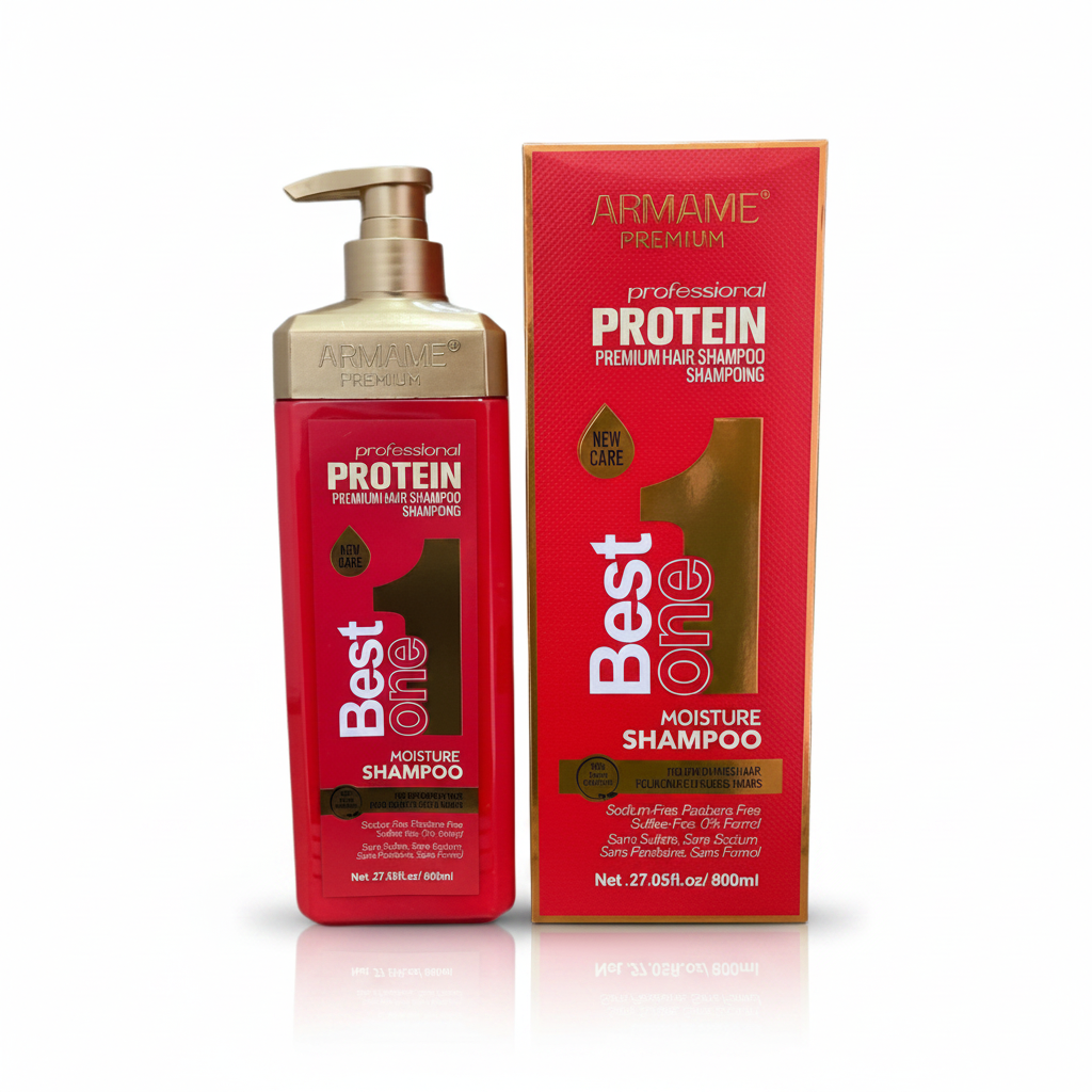 Armame Premium Protein Moisture Shampoo - Studio red bottle and box white background