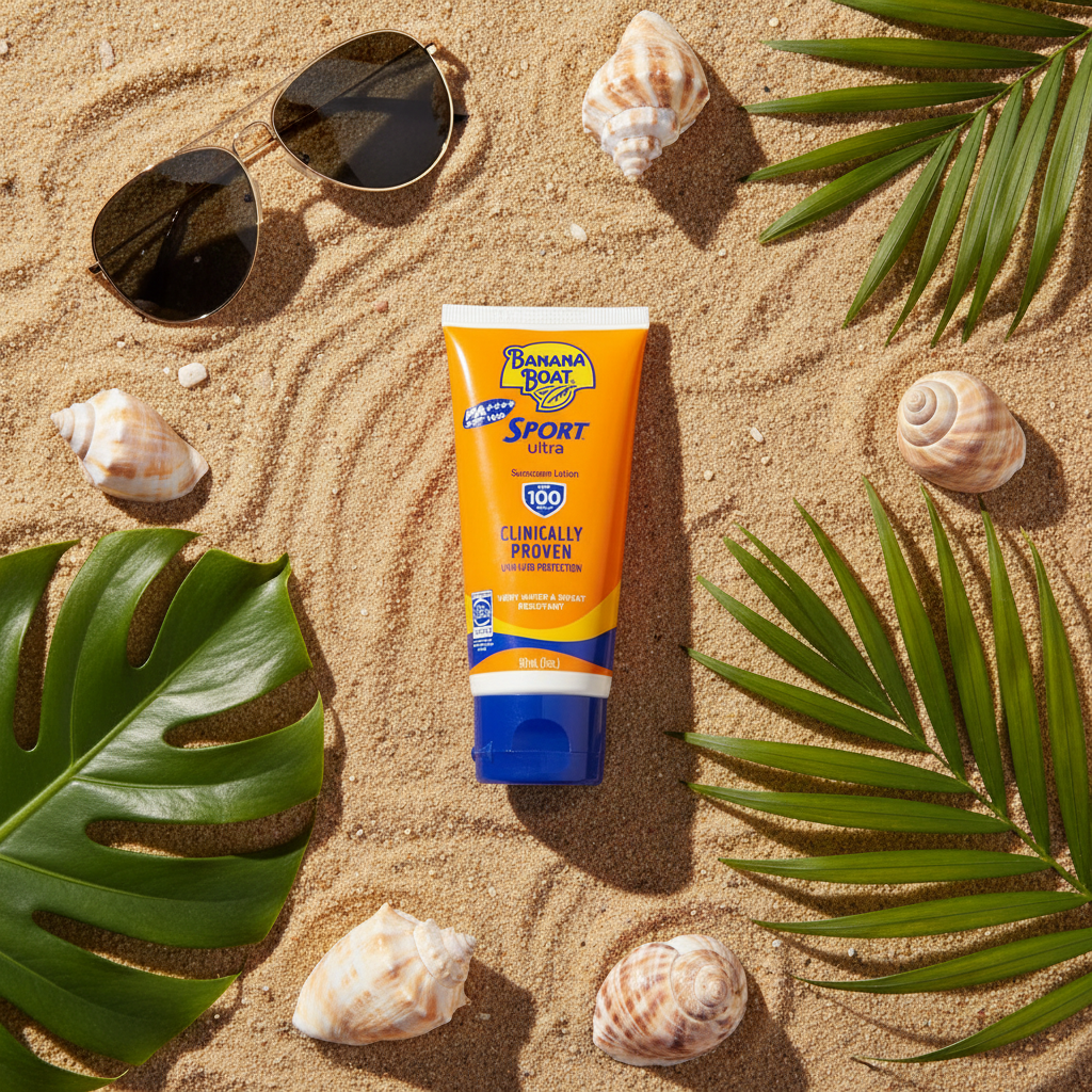 Banana Boat Sport Ultra SPF 100 - Flat lay plage