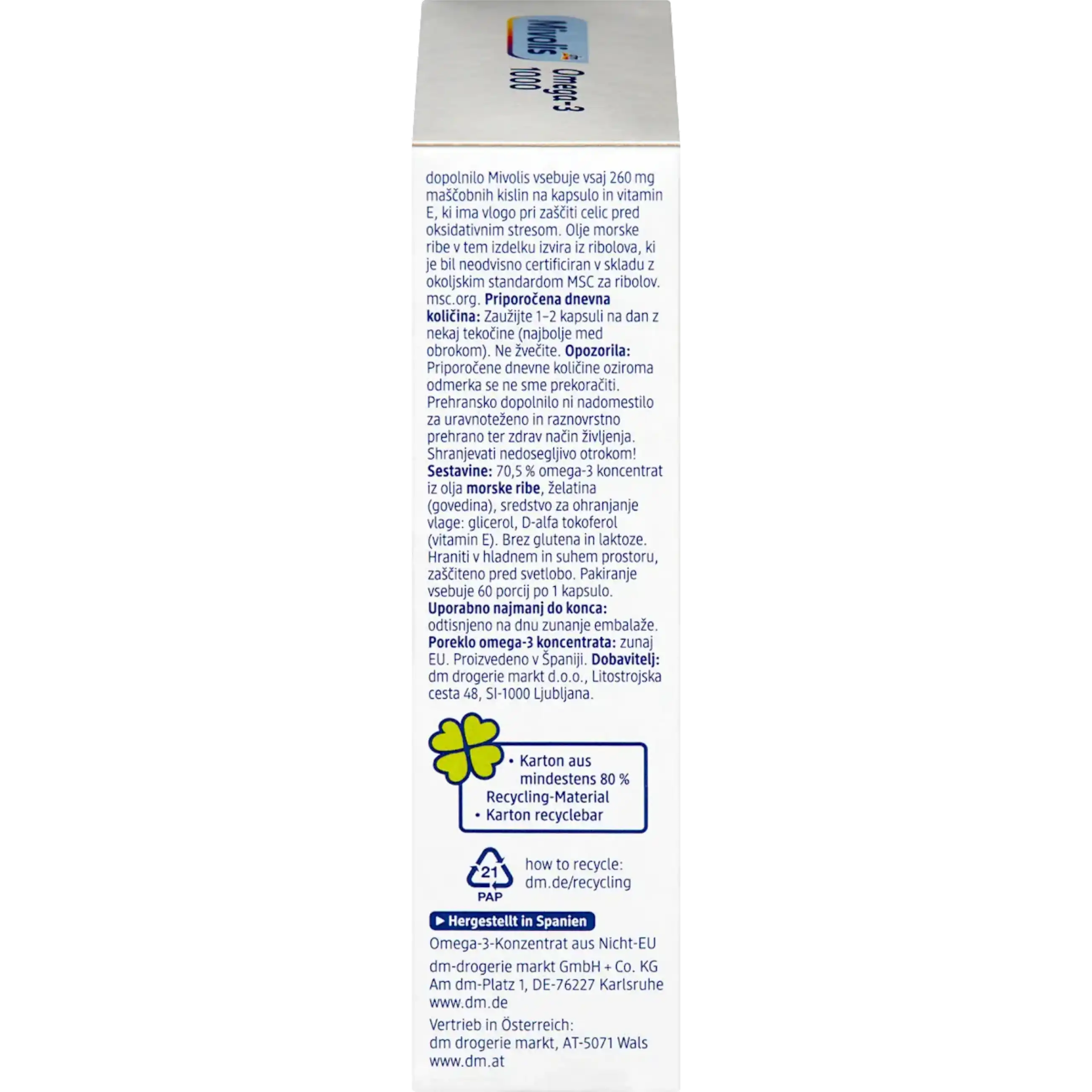 Mivolis Omega-3 1000 — côté boîte informations nutritionnelles multilingue
