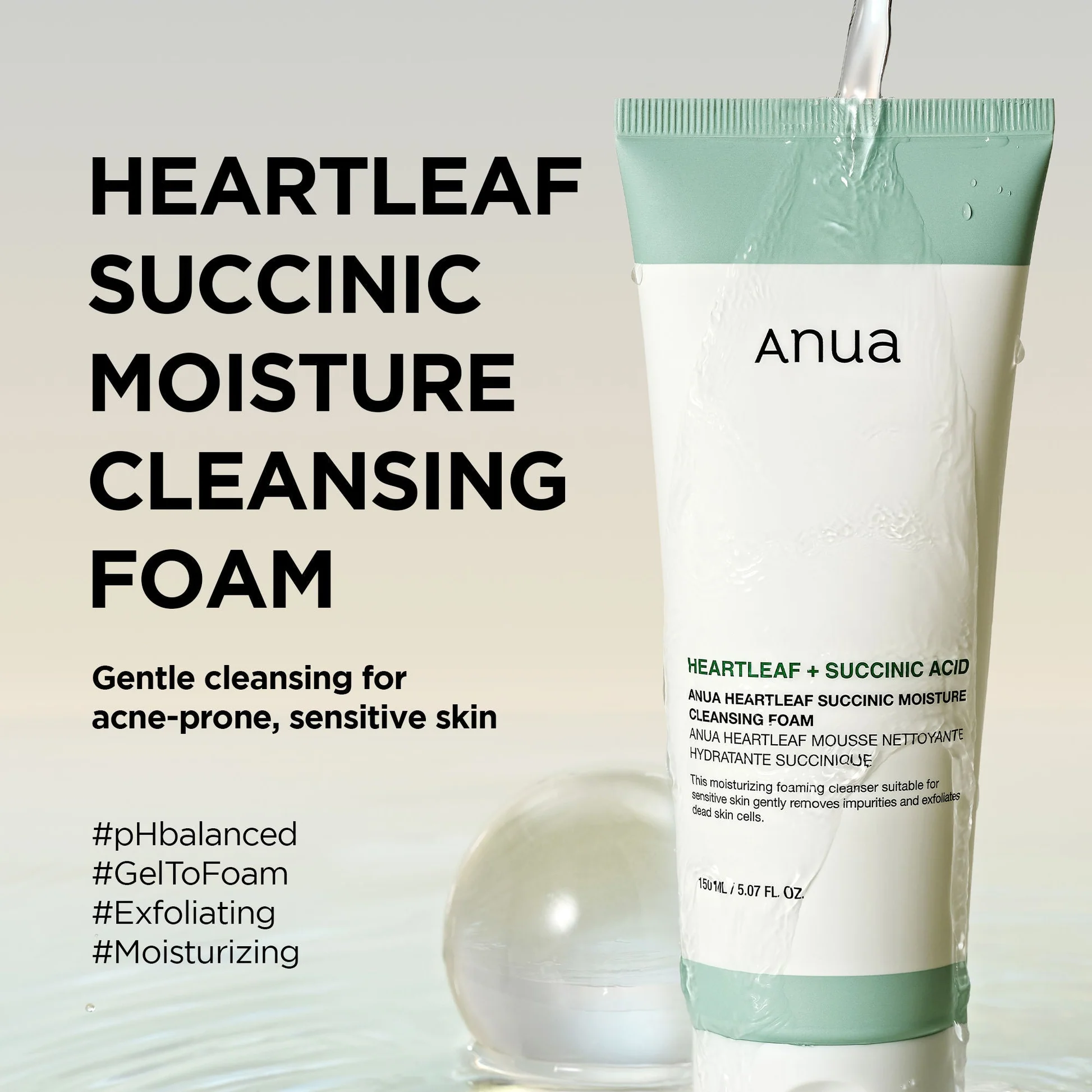 Anua Heartleaf Succinic Moisture Cleansing Foam — Gentle Yet Effective Ingredients HEARTEASE Salicylic Succinic Ceramide