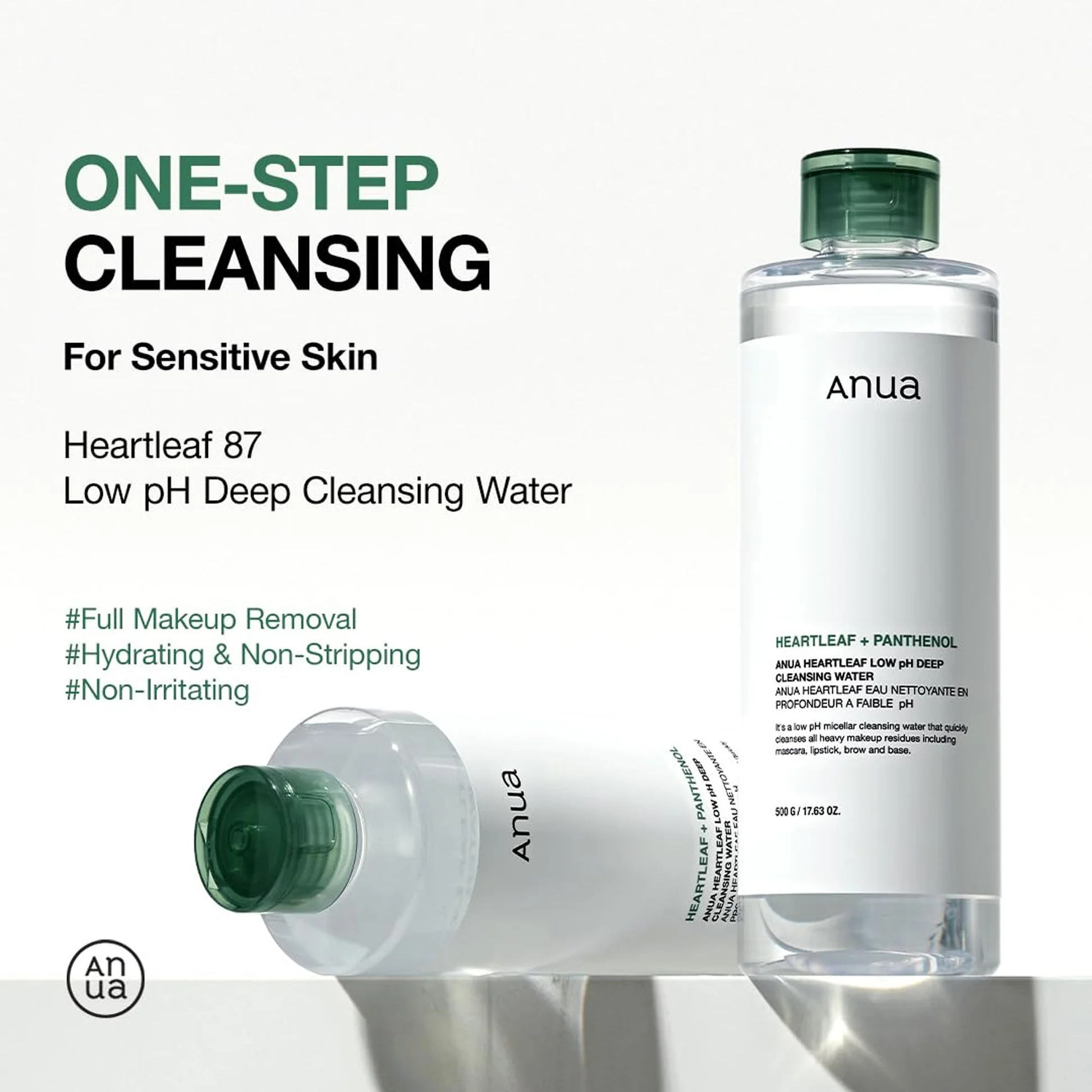 Anua Heartleaf 87 Low pH Deep Cleansing Water — One-Step Cleansing for Sensitive Skin Full Makeup Removal Hydrating Non-Stripping