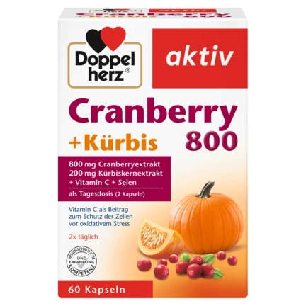 Doppelherz Aktiv Cranberry 800 + Kürbis — boîte 60 capsules face avant 800mg Cranberry 200mg Courge Vitamine C Sélénium sans lactose sans gluten