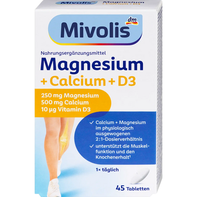 Mivolis Magnesium + Calcium + D3 — boîte 45 comprimés face avant 250mg Mg 500mg Ca 10µg D3 ratio 2:1