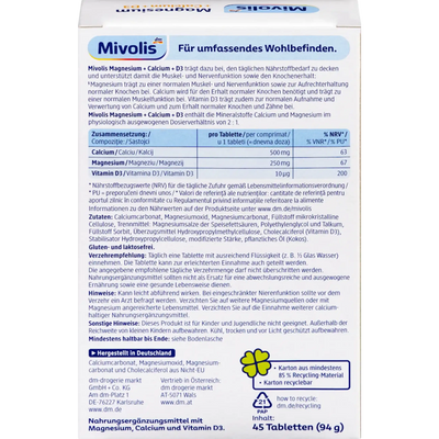 Mivolis Magnesium + Calcium + D3 — dos de la boîte composition tableau nutritionnel ingrédients conseils utilisation fabriqué en Allemagne