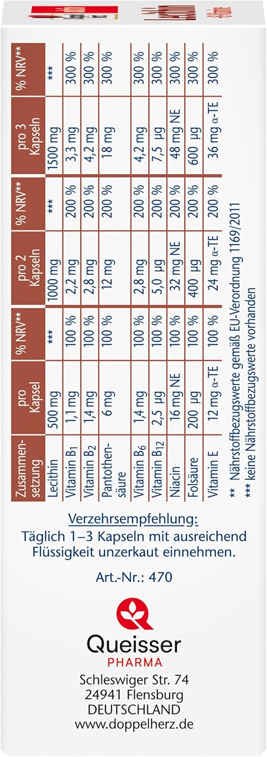Doppelherz Aktiv Lecithin + B-Vitamine — dos de la boîte tableau nutritionnel composition par capsule 2 et 3 capsules NRV Queisser Pharma