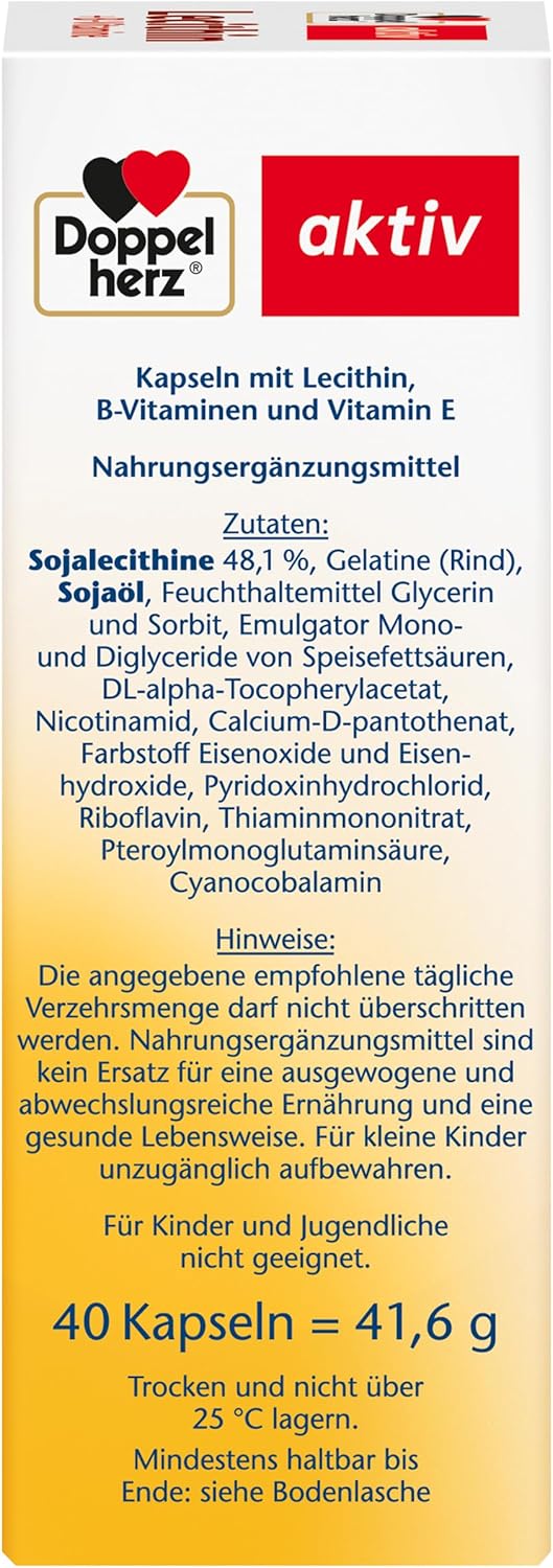 Doppelherz Aktiv Lecithin + B-Vitamine — côté boîte ingrédients Lécithine de Soja 48,1% Gélatine Boeuf Huile de Soja conservation 25°C