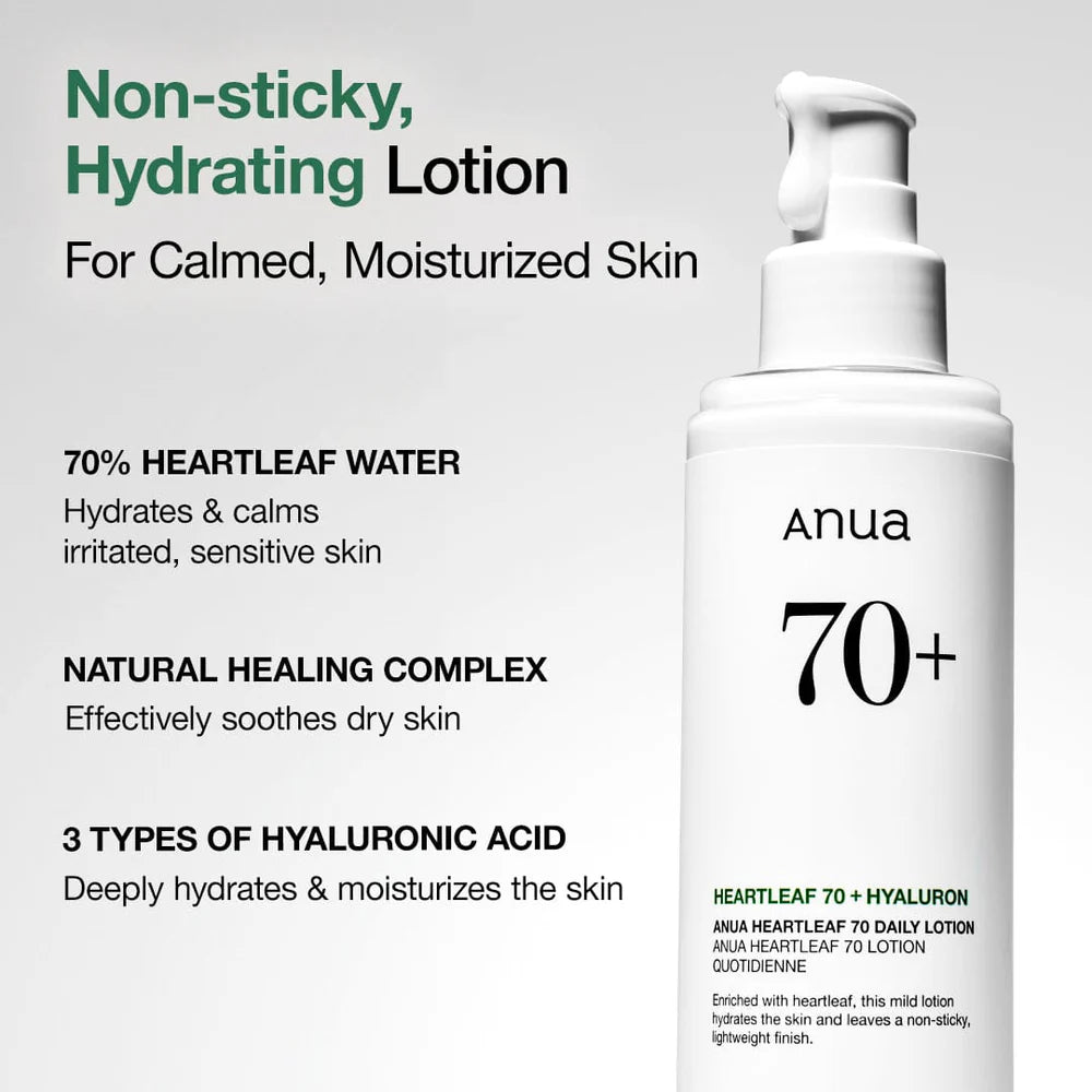 Anua Heartleaf 70 Daily Lotion — Non-sticky Hydrating Lotion 70% Heartleaf Water Natural Healing Complex 3 Types Hyaluronic Acid