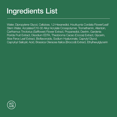 Anua Heartleaf LHA Moisture Peeling Gel — Full Ingredients List INCI green background