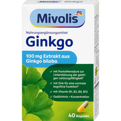 Mivolis Ginkgo 100mg — boîte 40 capsules face avant extrait Ginkgo biloba 100mg Zinc Vitamines B mémoire concentration