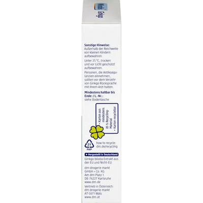 Mivolis Ginkgo 100mg — côté boîte informations conservation contre-indications anticoagulants recyclage fabriqué en Allemagne dm Karlsruhe