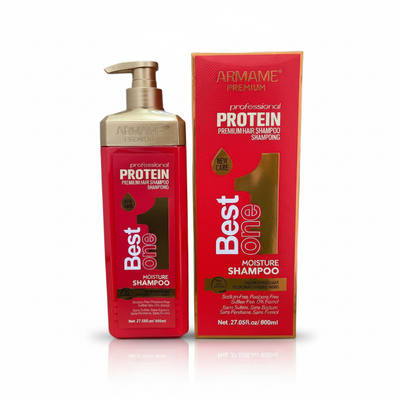 Armame Premium Protein Moisture Shampoo - Studio red bottle and box white background