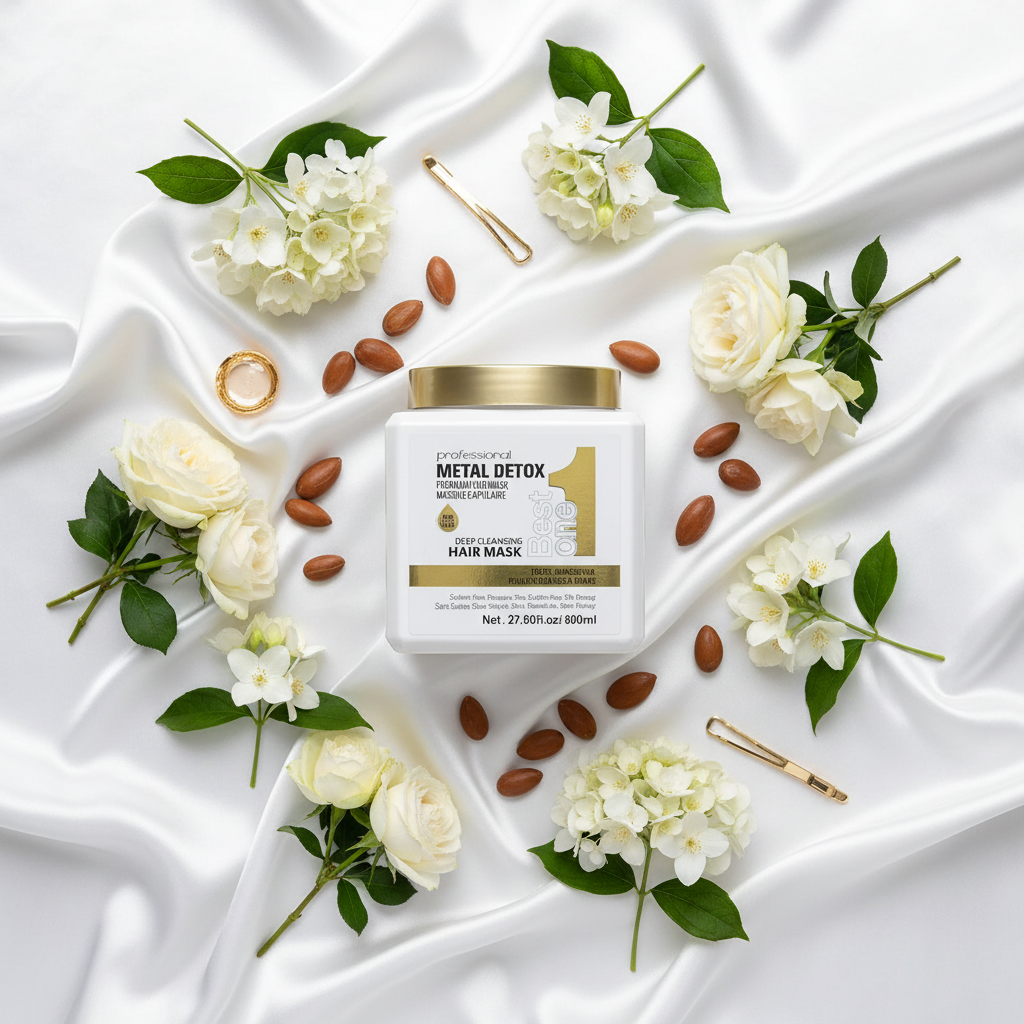 Armame Metal Detox Hair Mask - Flat lay white flowers argan gold accents