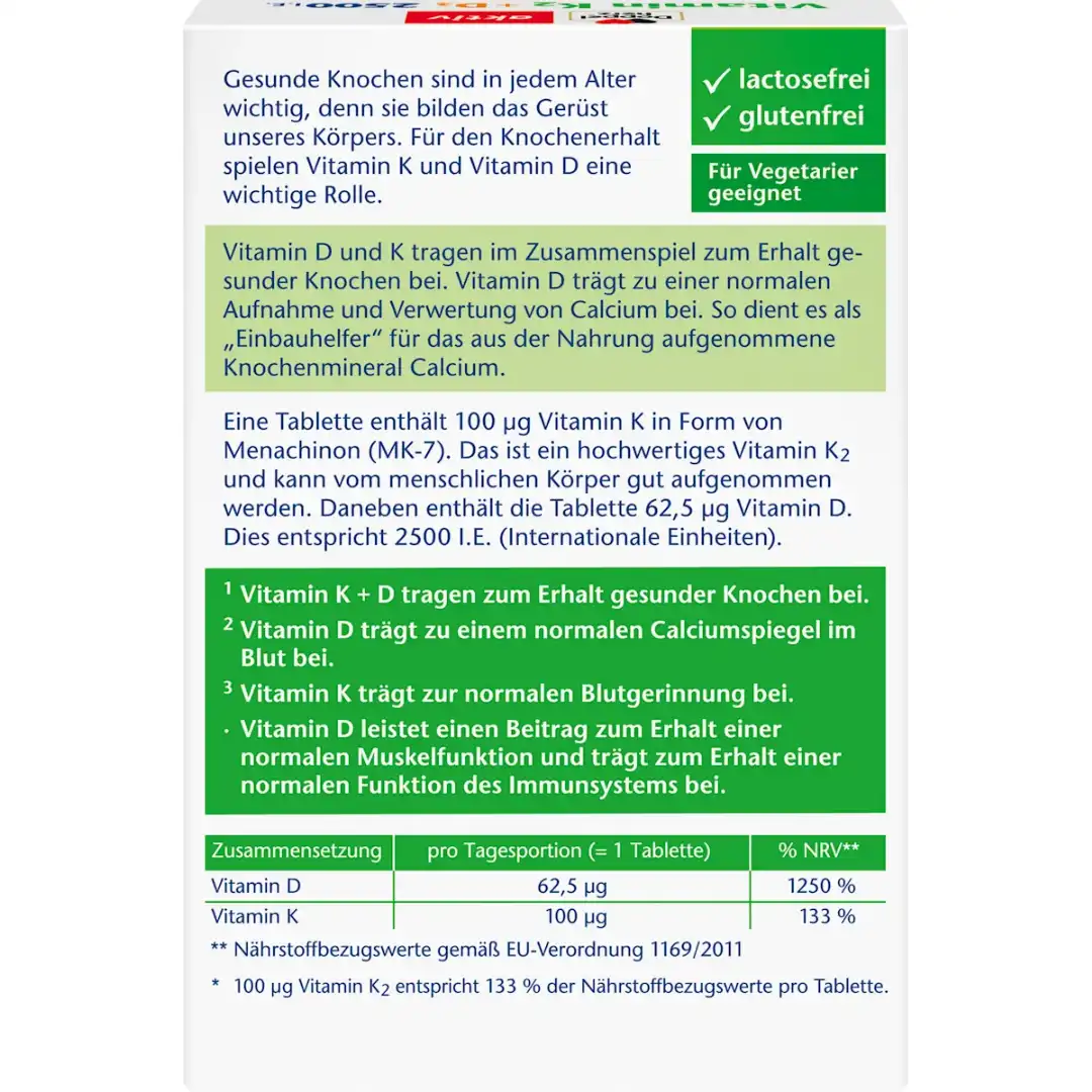 Doppelherz Aktiv Vitamin K2 + D3 2500 I.E. — dos de la boîte bienfaits ossature calcium coagulation immunité tableau nutritionnel
