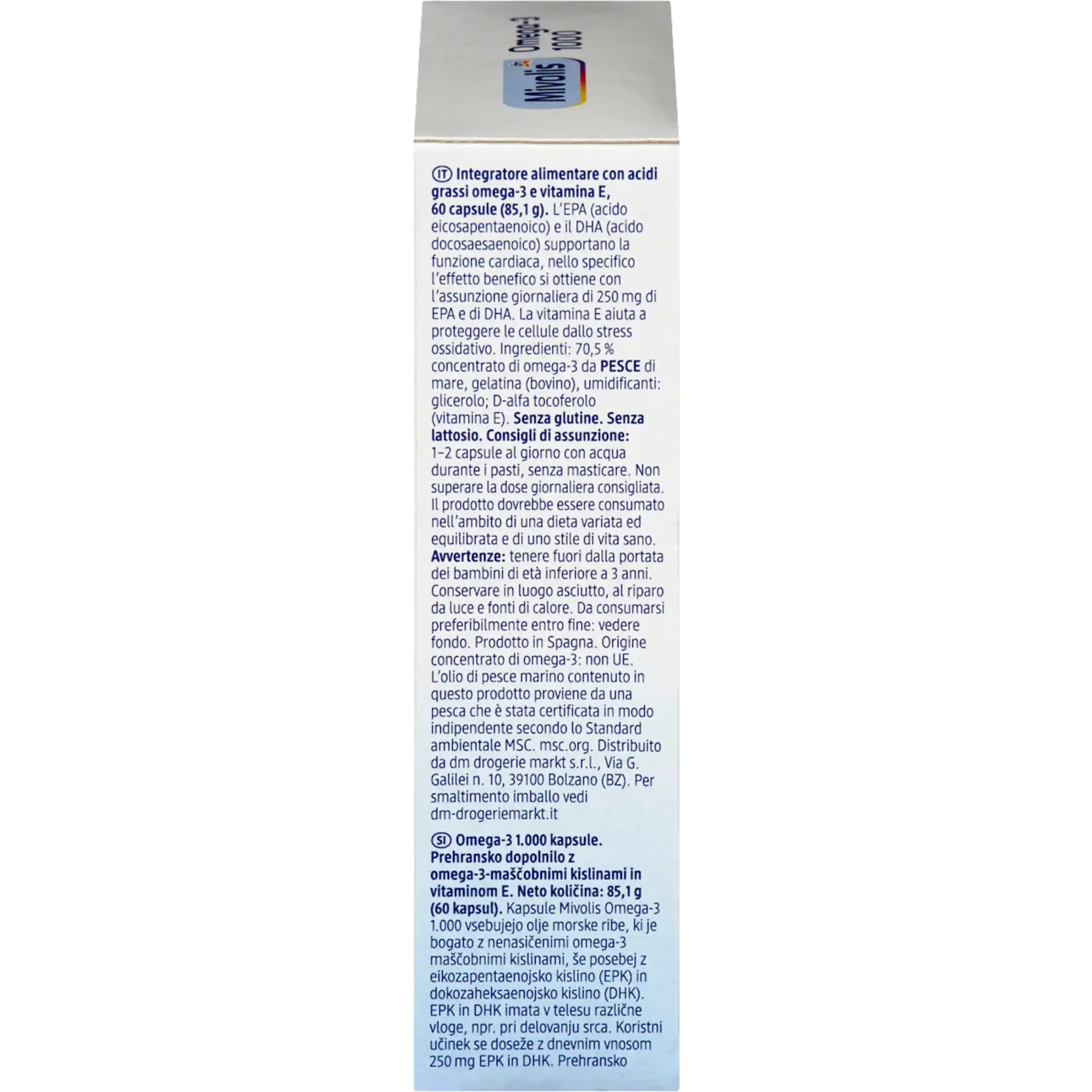 Mivolis Omega-3 1000 — côté boîte informations supplémentaires recyclage fabriqué en Espagne