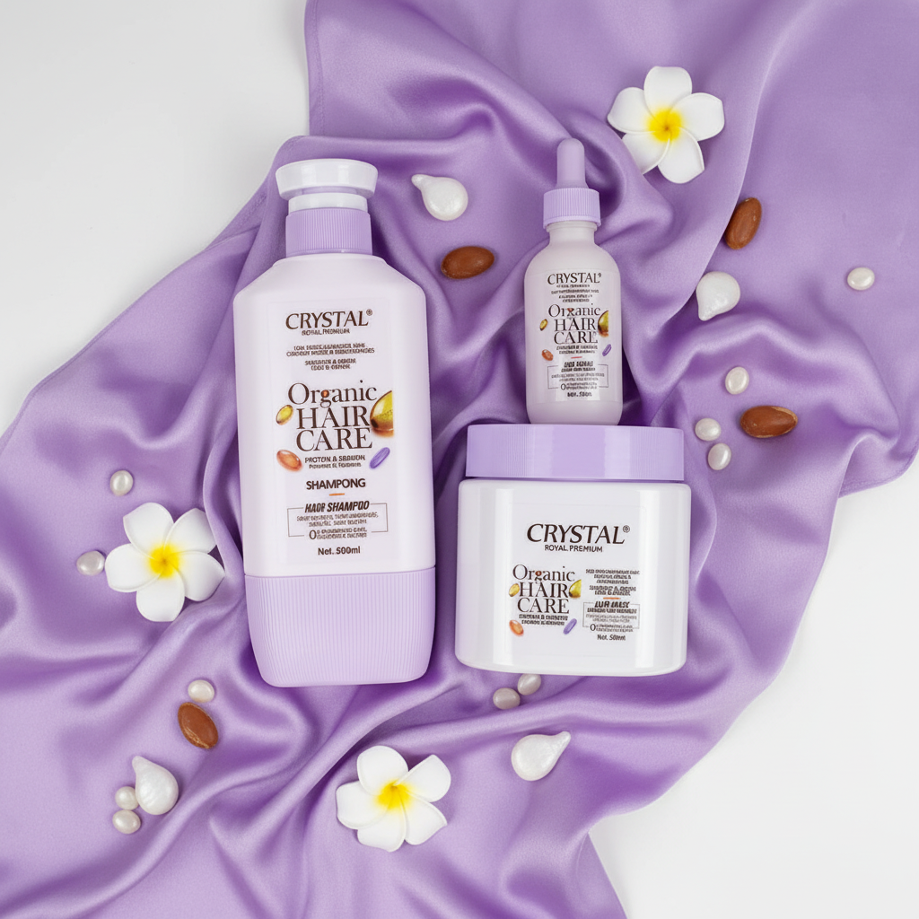 Crystal Organic Hair Care Pack - Flat lay argan keratin flowers