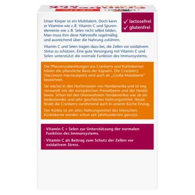 Doppelherz Aktiv Cranberry 800 + Kürbis — côté boîte bienfaits Vitamine C Sélénium immunité protection cellulaire histoire Cranberry Courge