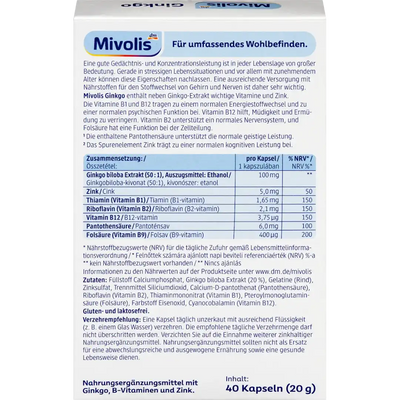 Mivolis Ginkgo 100mg — dos de la boîte tableau nutritionnel composition ingrédients conseils utilisation sans gluten sans lactose