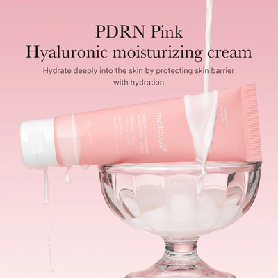 Medicube PDRN Pink Hyaluronic Moisturizing Cream — Hydrate deeply into the skin by protecting skin barrier with hydration pink background water splash