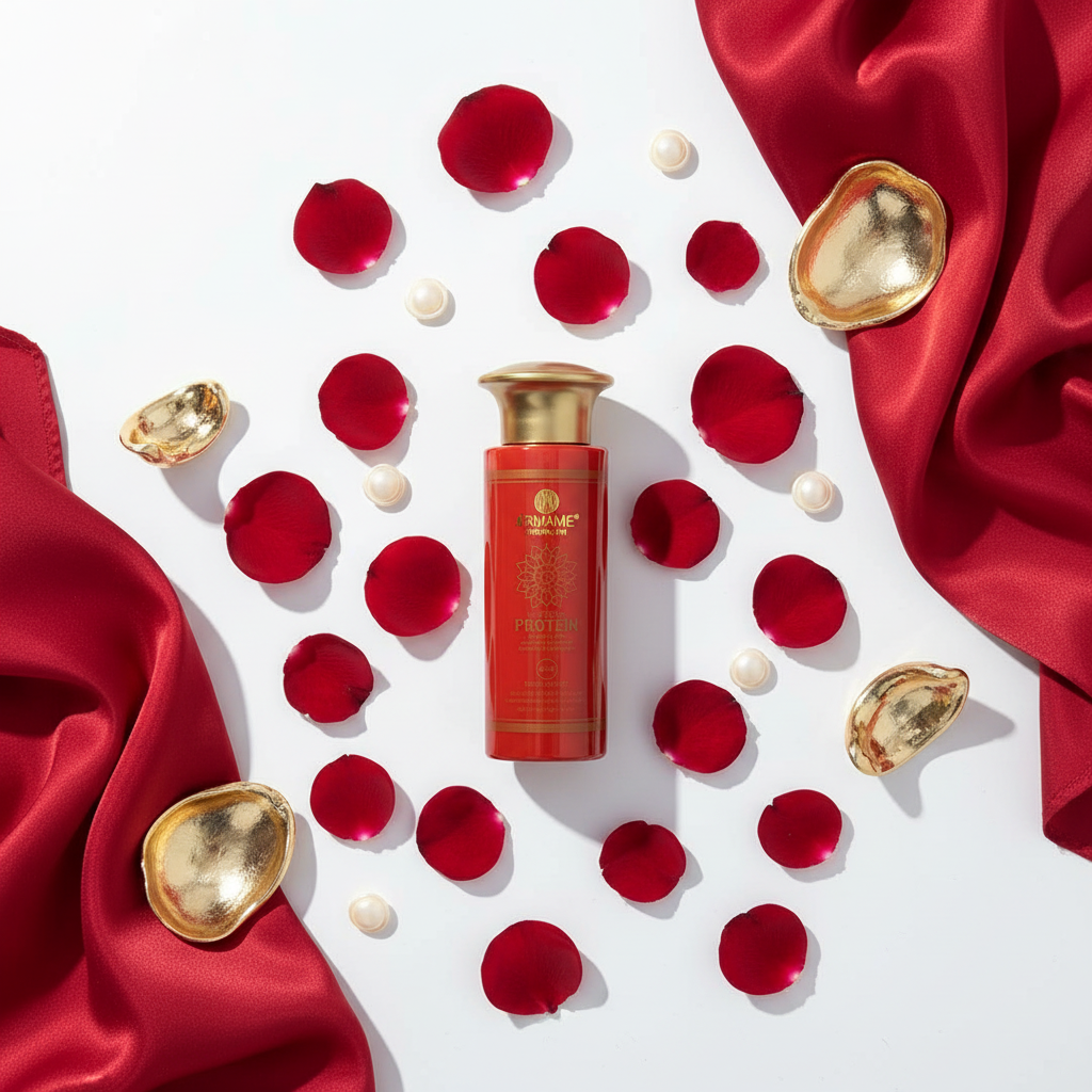 Armame Premium Protein Hair Lotion - Flat lay red rose petals gold accents