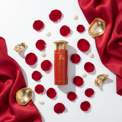 Armame Premium Protein Hair Lotion - Flat lay red rose petals gold accents