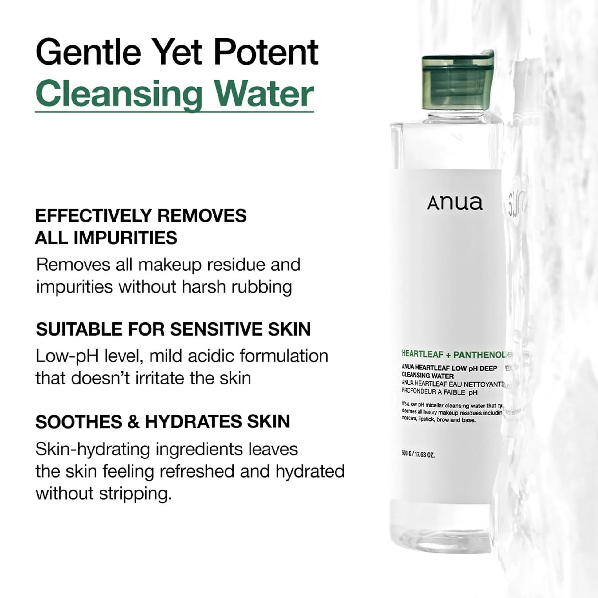 Anua Heartleaf 87 Low pH Deep Cleansing Water — Gentle Yet Potent Effectively Removes All Impurities Suitable for Sensitive Skin Soothes Hydrates