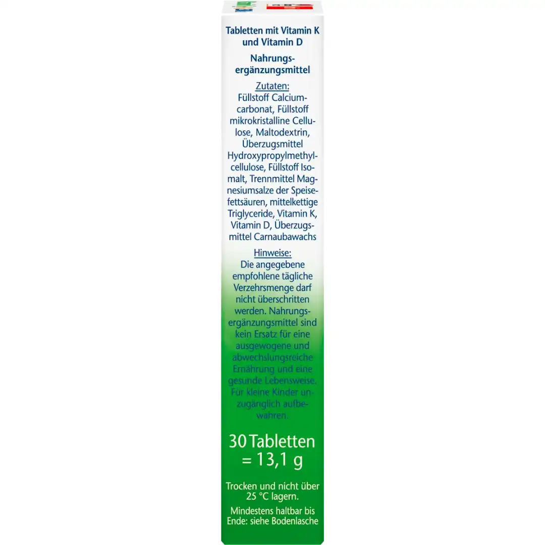 Doppelherz Aktiv Vitamin K2 + D3 2500 I.E. — côté boîte ingrédients composition 30 comprimés 13,1g conservation