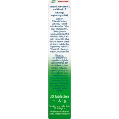 Doppelherz Aktiv Vitamin K2 + D3 2500 I.E. — côté boîte ingrédients composition 30 comprimés 13,1g conservation