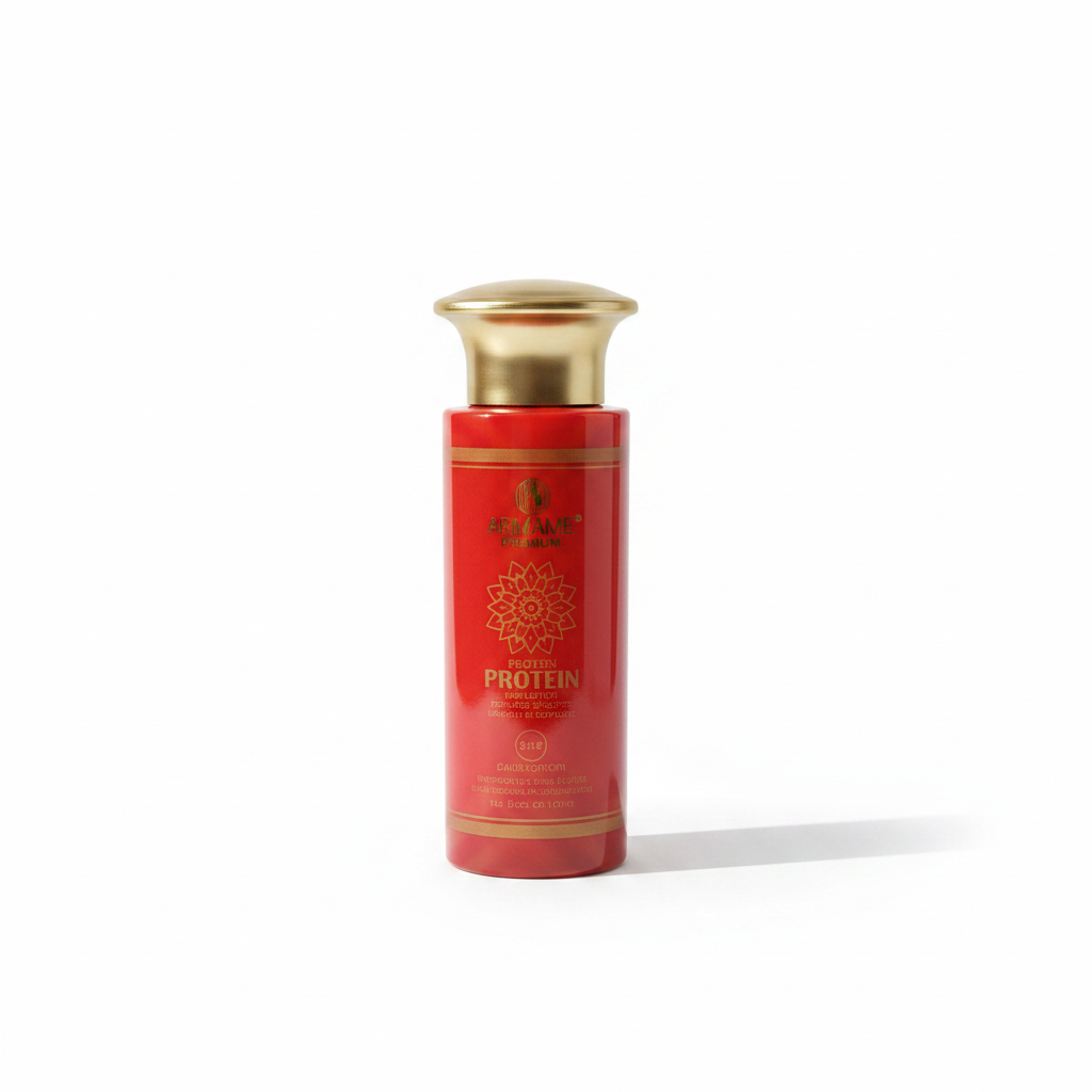 Armame Premium Protein Hair Lotion - Studio red bottle gold cap white background