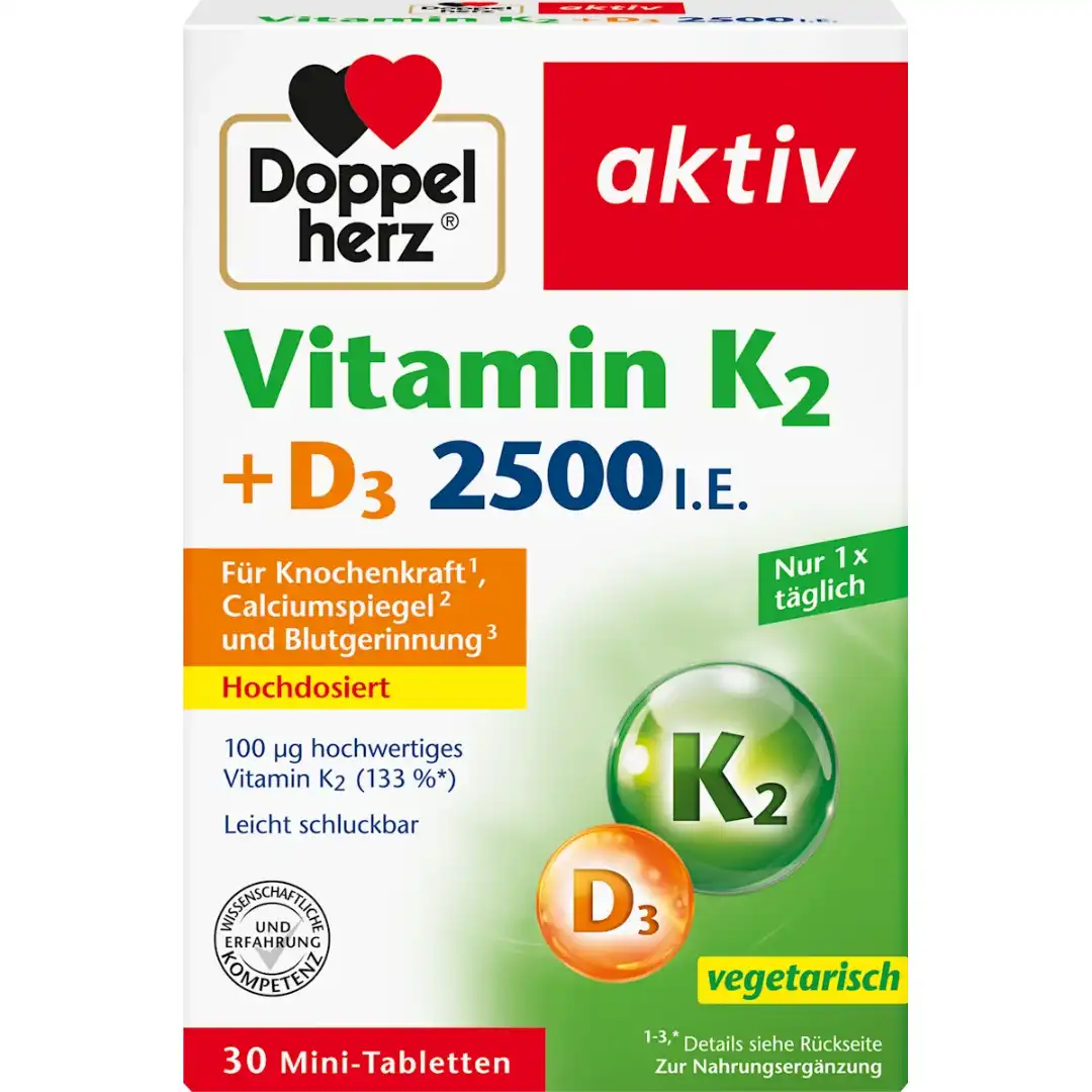Doppelherz Aktiv Vitamin K2 + D3 2500 I.E. — boîte 30 mini-comprimés face avant haute dose K2 MK-7 végétarien
