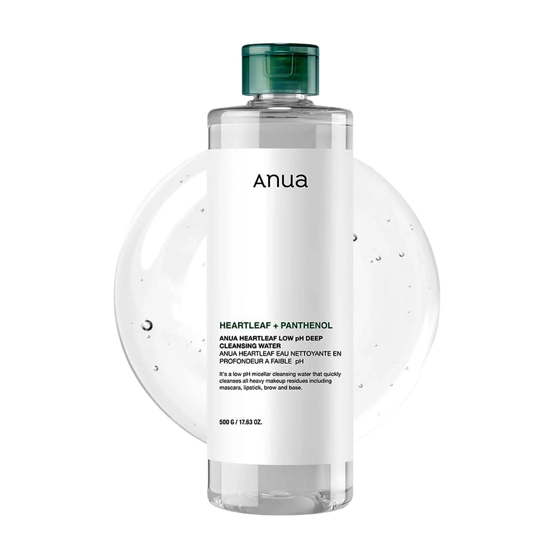Anua Heartleaf 87 Low pH Deep Cleansing Water 500g — hero bottle with water splash white background