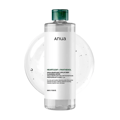 Anua Heartleaf 87 Low pH Deep Cleansing Water 500g — hero bottle with water splash white background