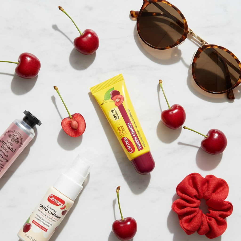 Carmex Daily Care Fresh Cherry Lip Balm - marble flat lay