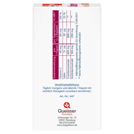 Doppelherz Aktiv Cranberry 800 + Kürbis — côté boîte tableau nutritionnel composition par capsule et 2 capsules NRV Queisser Pharma Flensburg Allemagne